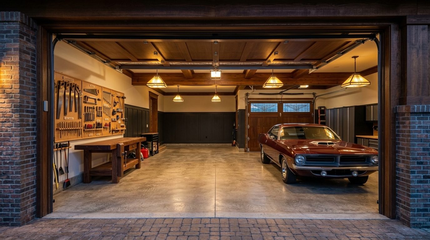 Nguyen Garage Door Services Interior View of Custom Garage Door Overhead and Workshop